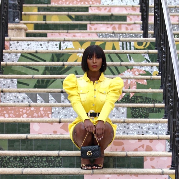 novan Yellow Ombre Dallas Puffy Shoulder Button Front Raw Hem Denim Dress NWT S - Picture 3 of 16